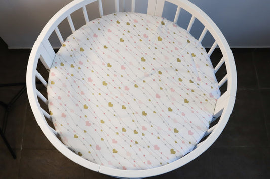 Cerceaf Rotund cu inimioare 75x75 / cerceaf pentru pat rotund cu elastic / Cerceaf cu inimioare