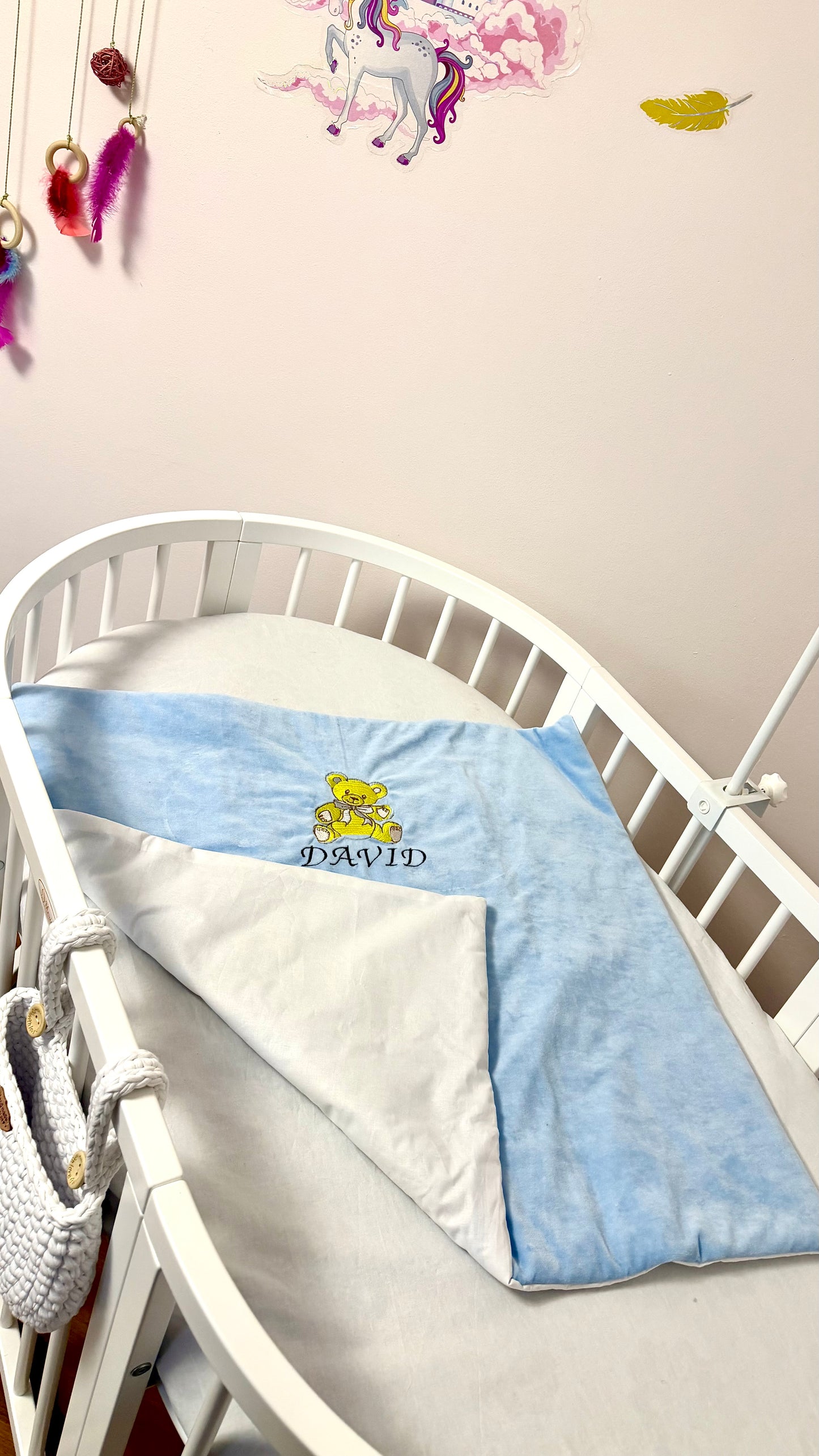 Păturică plăpumioară personalizată cu fața dublă- velur și bumbac 100%. Albastru