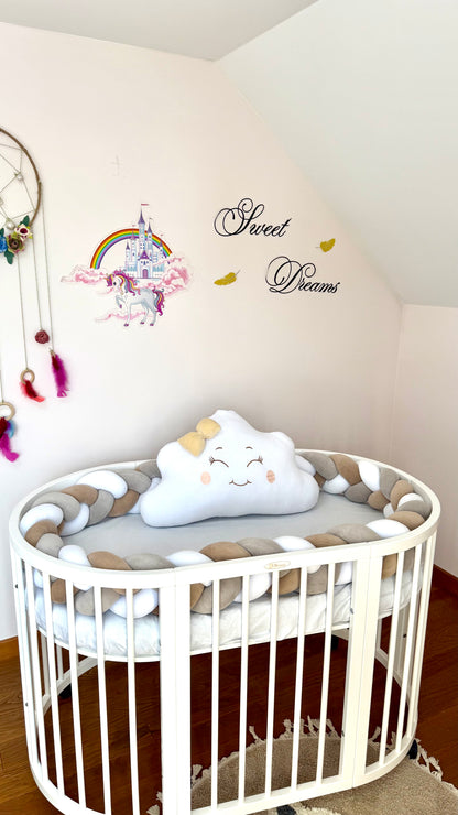 Set pentru pătuț – Protecție împletită + Pernă norișor + Cearșaf din bumbac