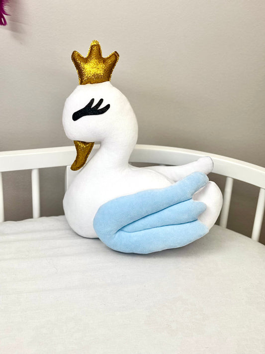Lebădă decorativă din velur moale cu umplutură hipoalergenică – decor pentru camera copilului. Albastru deschis